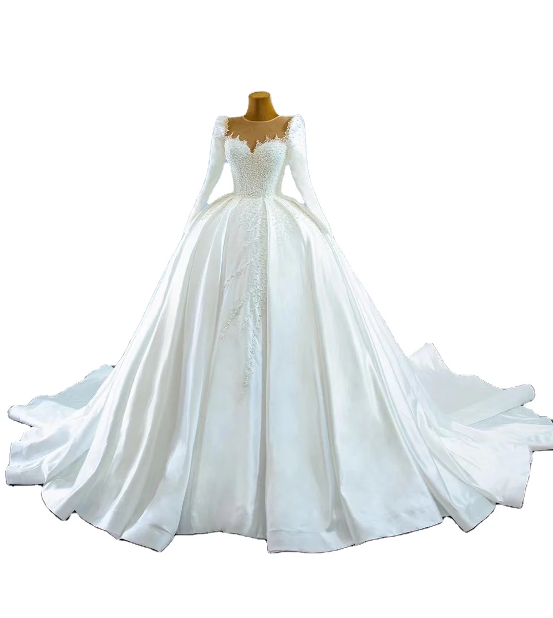 O-neck satin with pear Ball gown long sleeves ball bridal dress luxury bead wedding dress for women dress, Custom made
O-neck satin with pear Ball gown long sleeves ball bridal dress luxury bead wedding dress for women dress, Custom made