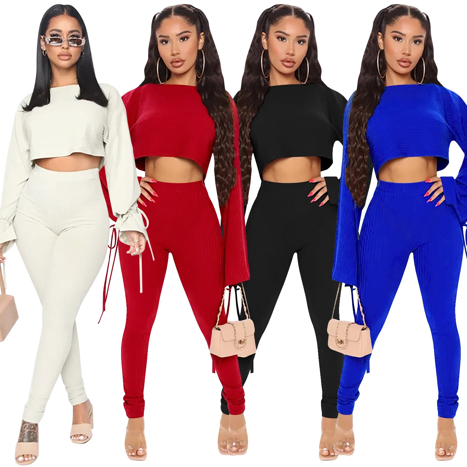 2021 New Arrivals Women Casual O-Neck Flare Sleeve Drawstring Crop Leggings 2 Pieces Set Solid Ribbed Outfits Jumpsuit, Picture show
2021 New Arrivals Women Casual O-Neck Flare Sleeve Drawstring Crop Leggings 2 Pieces Set Solid Ribbed Outfits Jumpsuit, Picture show