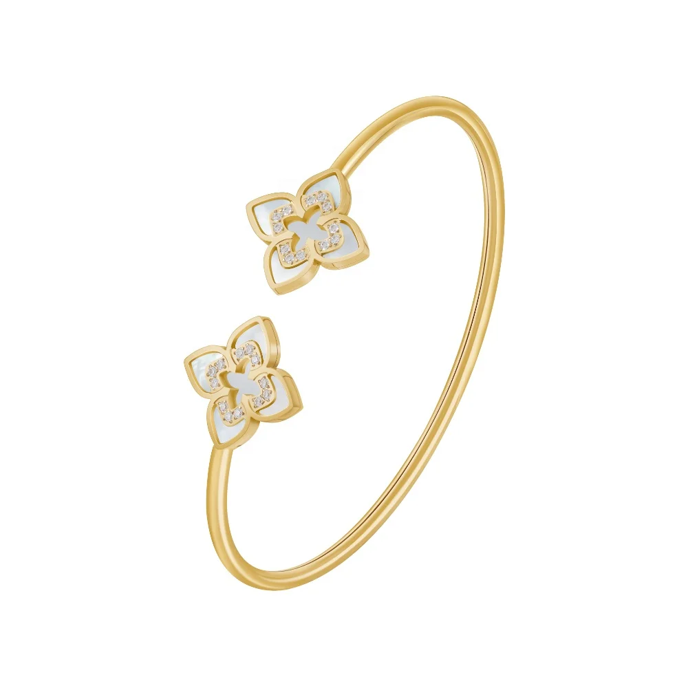18K Gold Plated Stainless Steel Jewelry Shell Zircon Hollow Four Leaf Flower Elastic Line Bangle For Woman Gift Bracelet B232373
18K Gold Plated Stainless Steel Jewelry Shell Zircon Hollow Four Leaf Flower Elastic Line Bangle For Woman Gift Bracelet B232373