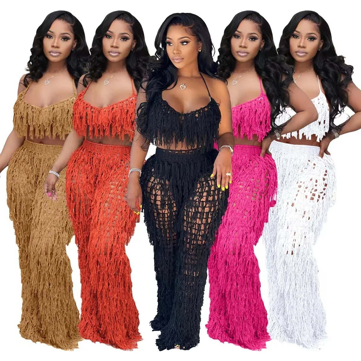 2022 Sexy Hand Crochet Knitted Tassel Summer Beach Two Piece Set Women Halter Backless Crop Top Pants Beach Set
2022 Sexy Hand Crochet Knitted Tassel Summer Beach Two Piece Set Women Halter Backless Crop Top Pants Beach Set