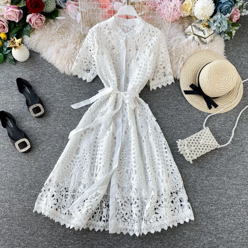 Short-sleeved Single-breasted Long Dress Fashion Stand-up Collar Lace Casual Dress Summer Decorated with Button Manufacturer /
Short-sleeved Single-breasted Long Dress Fashion Stand-up Collar Lace Casual Dress Summer Decorated with Button Manufacturer /