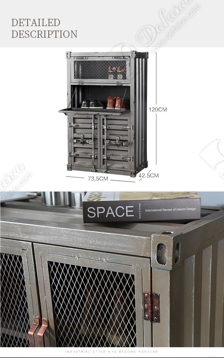 High Vintage Drop Shipping Container Design Double Door Storage Distressed Metal Cabinet/Bookshelf