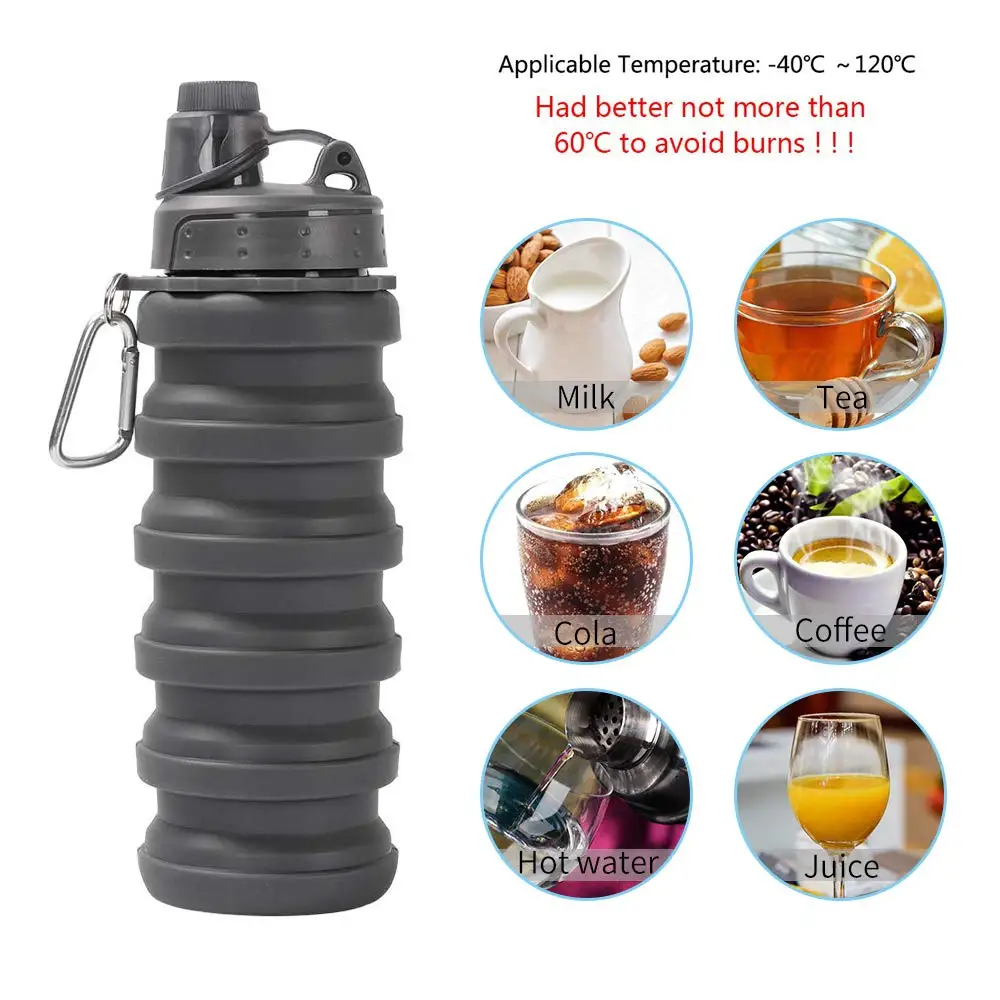 bpa-free silicone sports squeeze water bottle, foldable silicone