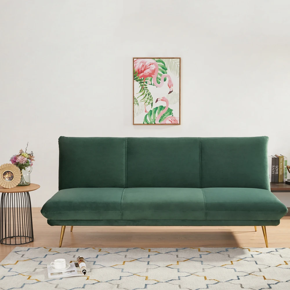 Modern 3-Seater Green Velvet Folding Sofa Bed for Living Room Bedroom Hotel or Apartment with Metal Frame Fabric Futon factory