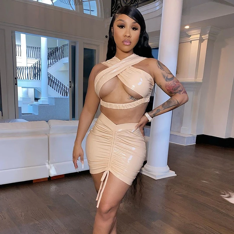 2021 spring halter leather two piece skirt set fashion draw string backless two piece set women clothing, Oem 
2021 spring halter leather two piece skirt set fashion draw string backless two piece set women clothing, Oem