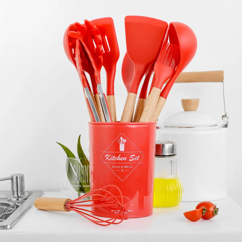 Hot sale 12PCS kitchen cooking silicone utensil set with wooden handle, Red+wood color
Hot sale 12PCS kitchen cooking silicone utensil set with wooden handle, Red+wood color