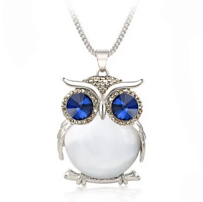 

New Hot Owl Necklaces Choker Necklace&Pendant Women Trendy Crystal Top Long Link Chain Zinc Alloy Gold Color Animal Jewelry Gift, Blue, gray, white.