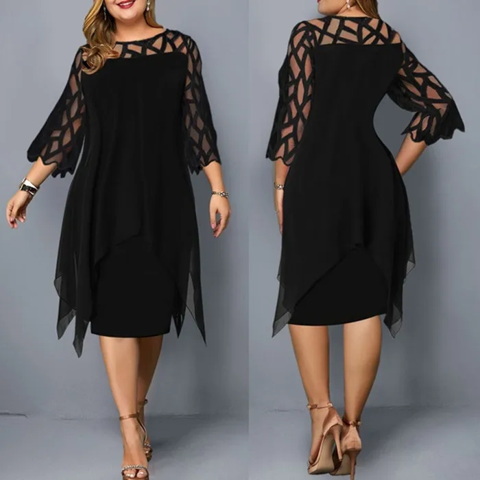 

Plus Size women clothing 6XL Vestidos 3/4 sleeve V neck Lace Career Office Ladies Midi Party Casual Dress