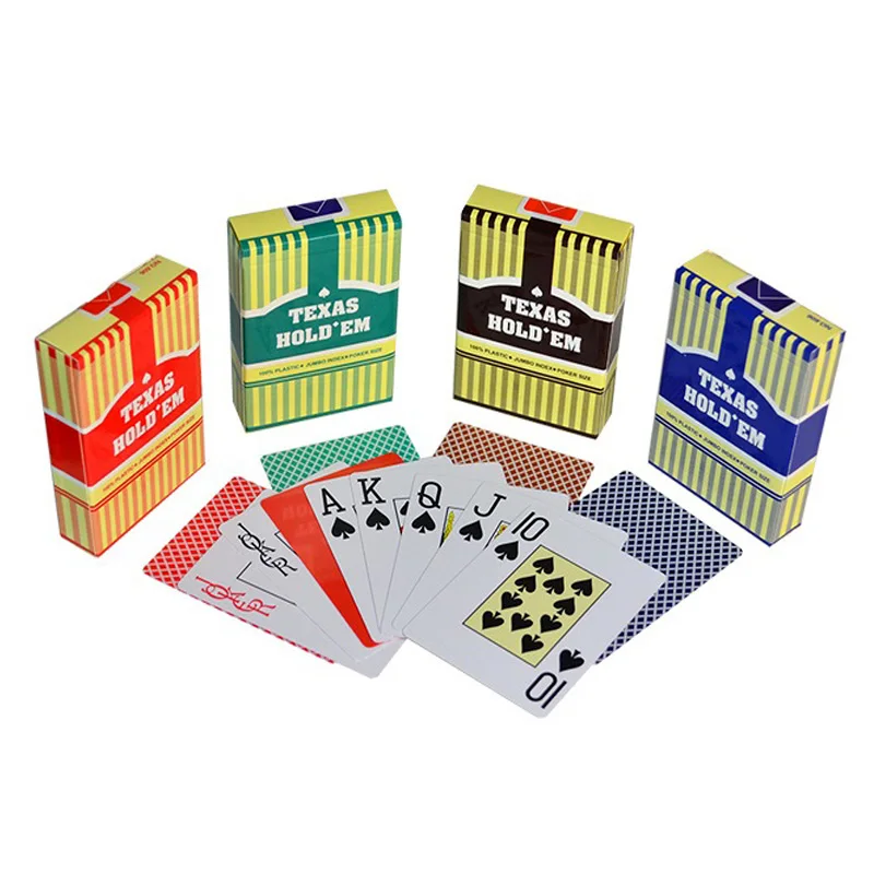 

Texas hold em pvc big font word gold red green blue coffee sale 100% plastic custom printing poker cards playing cards