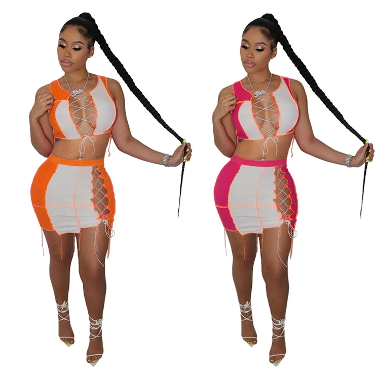 2021 Summer Bandage Sexy Women Top And Skirt Set Hollowed Out Vest Bodycon 2 Piece Skirt Set Women Clothing 
2021 Summer Bandage Sexy Women Top And Skirt Set Hollowed Out Vest Bodycon 2 Piece Skirt Set Women Clothing