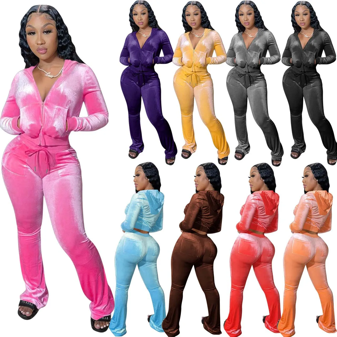 In Stock Custom Logo Wide Leg Pants Set Women Jogging Sweatsuit Hooded Crop Top Sweat Suit Tracksuit Spring Velvet Two Piece Set
In Stock Custom Logo Wide Leg Pants Set Women Jogging Sweatsuit Hooded Crop Top Sweat Suit Tracksuit Spring Velvet Two Piece Set