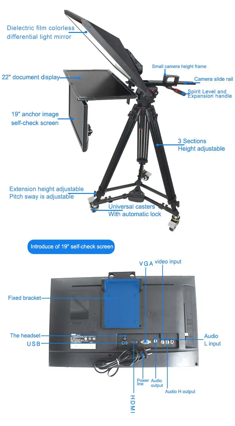 TV Broadcast 22" Studio Professional Teleprompter with Selftest Screen