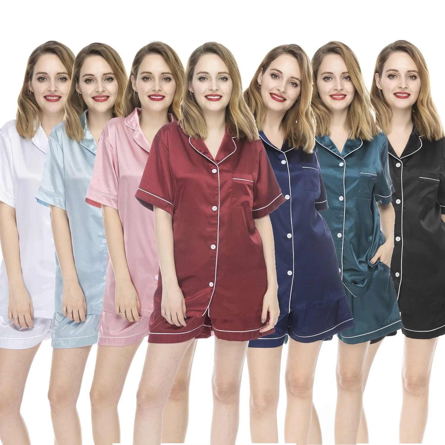 short sleeve solid color silk satin pajamas sleepwear women, 133 colors customize available
short sleeve solid color silk satin pajamas sleepwear women, 133 colors customize available