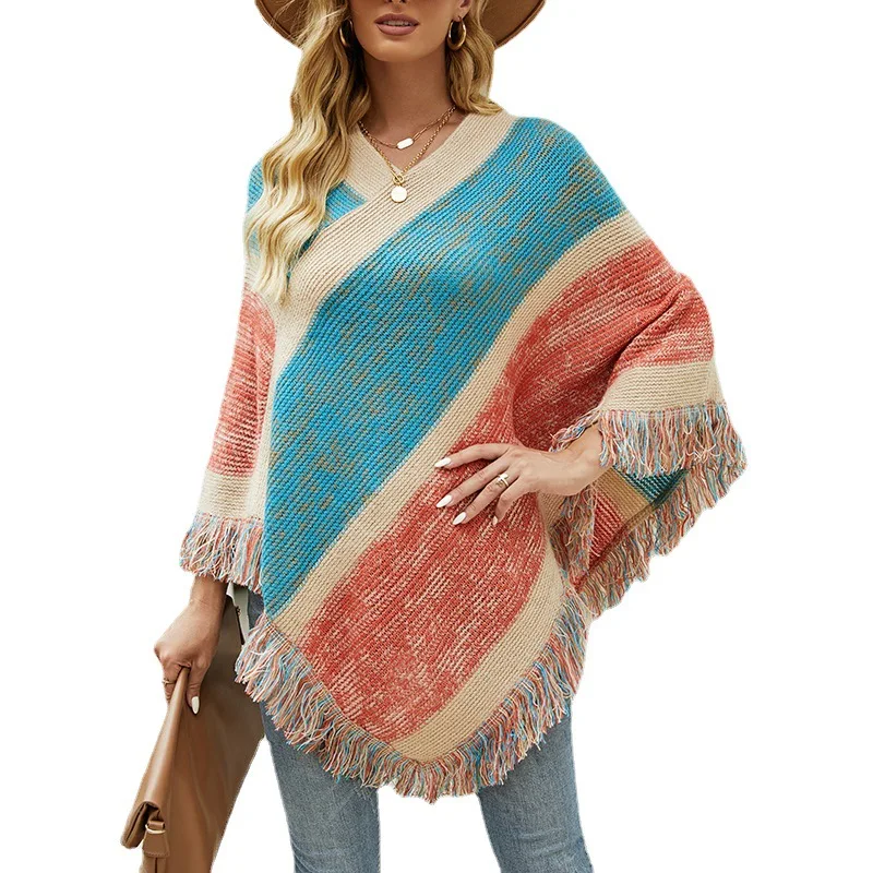 New autumn/winter 2021 color stripe knitted cape tassel cape retro ethnic style loose sweater coat
New autumn/winter 2021 color stripe knitted cape tassel cape retro ethnic style loose sweater coat