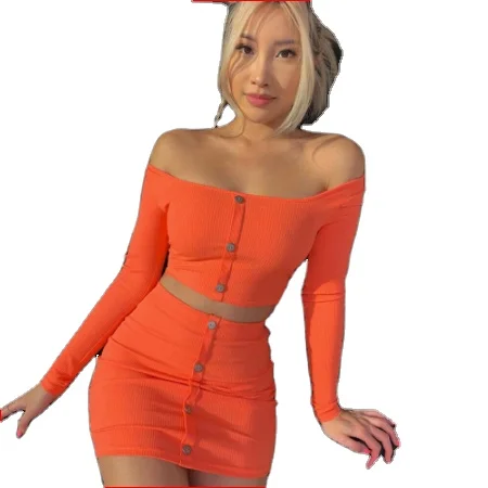 Sexy Off Shoulder Two Piece Set Solid Button Body con 2 Piece Set Women Long Sleeve Top And Skirt Summer Autumn Sets
Sexy Off Shoulder Two Piece Set Solid Button Body con 2 Piece Set Women Long Sleeve Top And Skirt Summer Autumn Sets