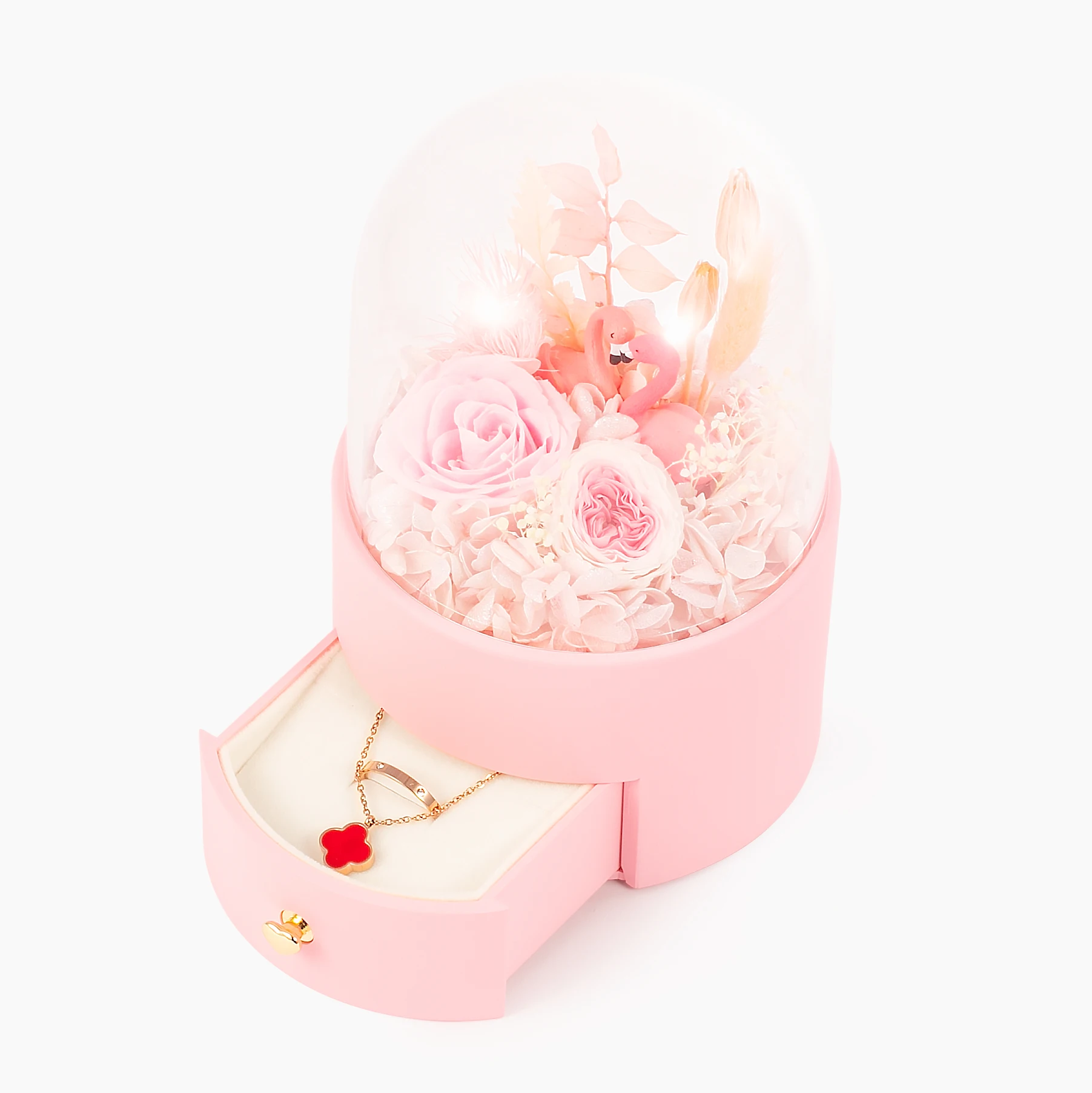 Pink Preserved flower small gift custom luxury round jewellery packaging box for jewelry storage
Pink Preserved flower small gift custom luxury round jewellery packaging box for jewelry storage