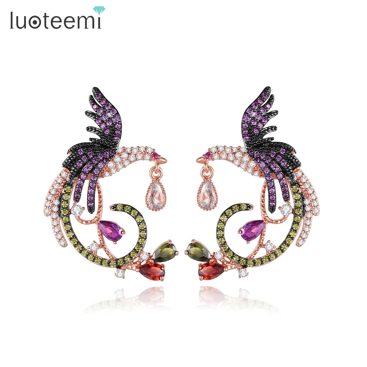 

LUOTEEMI Wholesale Fashion Jewelry Luxury Rose Gold Multi Cz Micro Pave Setting Phoenix Bird Jewelry Earrings Women