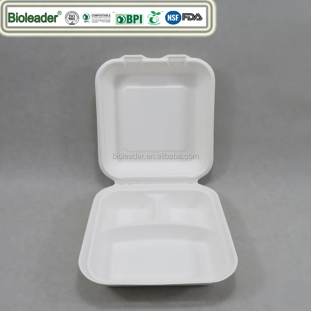 Disposable Compostable Sugarcane Bagasse 3-Compartment Lunch Bento Food Container
