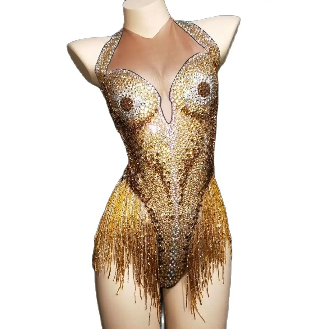 Sexy Sleeveless Bodycon Gold Tassel Rhinestone Leotard Women Bodysuit Club Playsuit Sexy Performance Wear Dance Stage Costumes
Sexy Sleeveless Bodycon Gold Tassel Rhinestone Leotard Women Bodysuit Club Playsuit Sexy Performance Wear Dance Stage Costumes