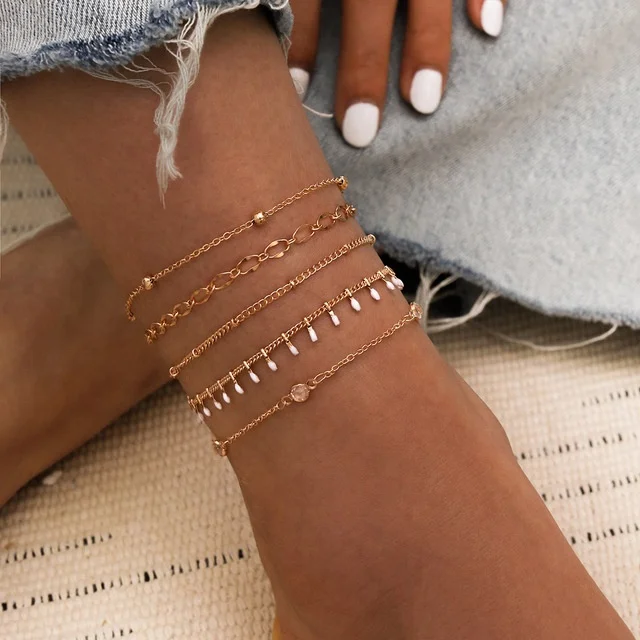 

Sindlan 5pcs/set Charm Gold Plated Anklets Summer Beach Handmade White Crystal Bead Anklets Jewelry For Women, As picture shows