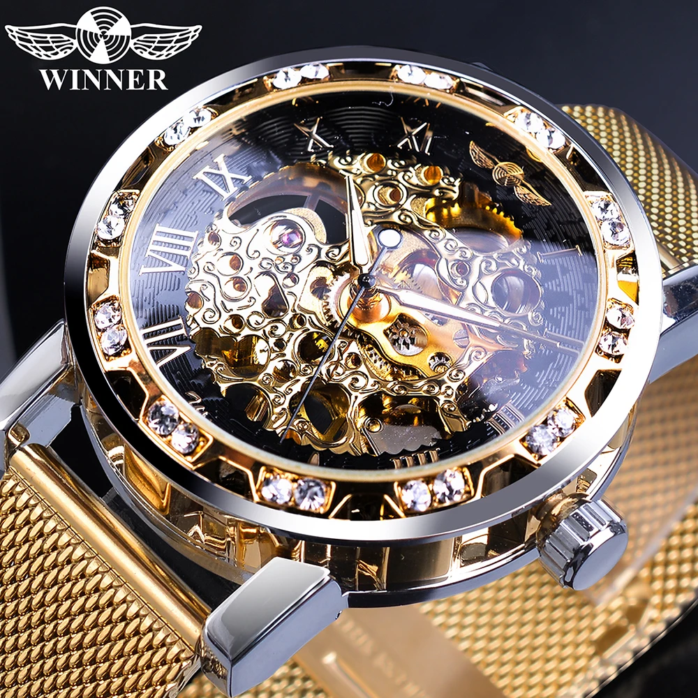 Winner Men Golden Watches Skeleton Mechanical Watch Crystal Mesh Slim Stainless Steel Band Top Brand Luxury Hand Wind Wristwatch, 10-colors
Winner Men Golden Watches Skeleton Mechanical Watch Crystal Mesh Slim Stainless Steel Band Top Brand Luxury Hand Wind Wristwatch, 10-colors