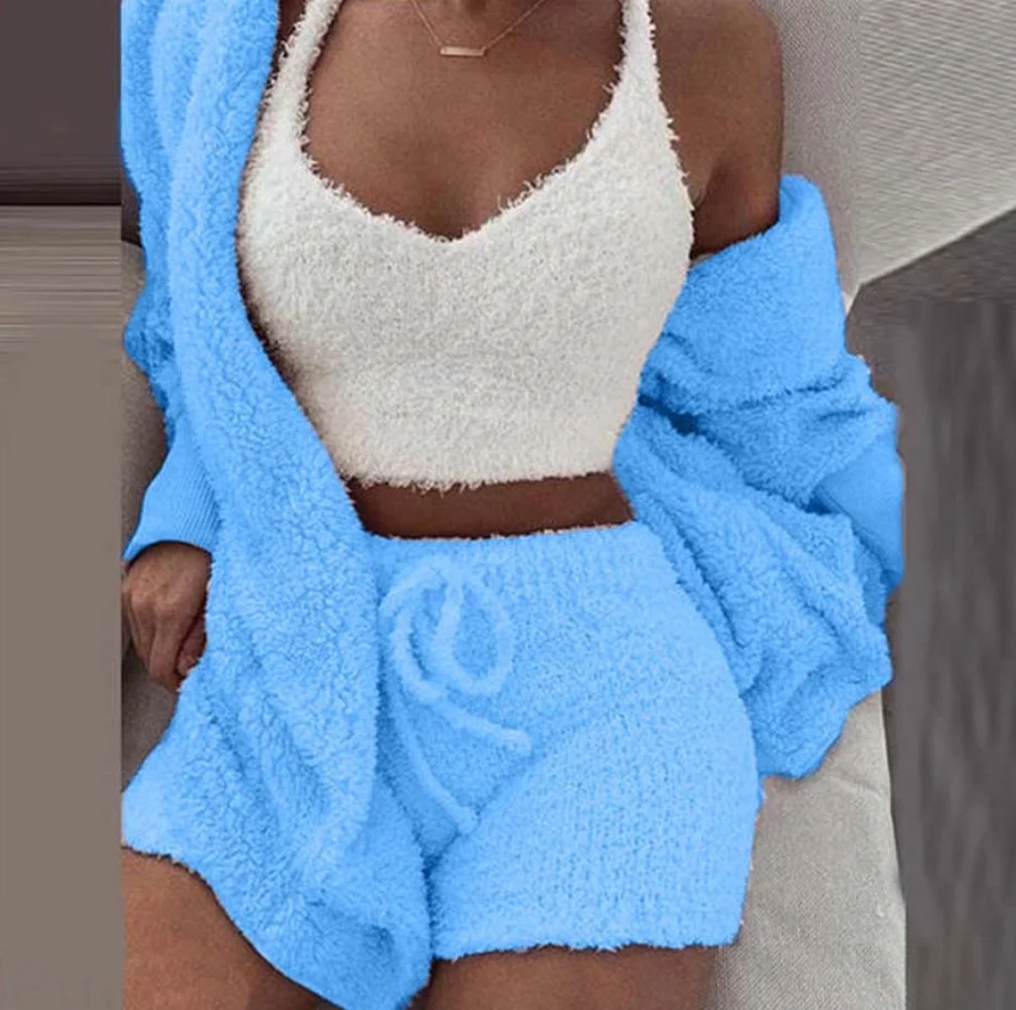 Women Sexy Pajamas 3 Piece Sets Mature Soft Touch Nightwear Women Crop Tops Sleepwear fleece Vest Shorts Robe Pajama for Girls
Women Sexy Pajamas 3 Piece Sets Mature Soft Touch Nightwear Women Crop Tops Sleepwear fleece Vest Shorts Robe Pajama for Girls