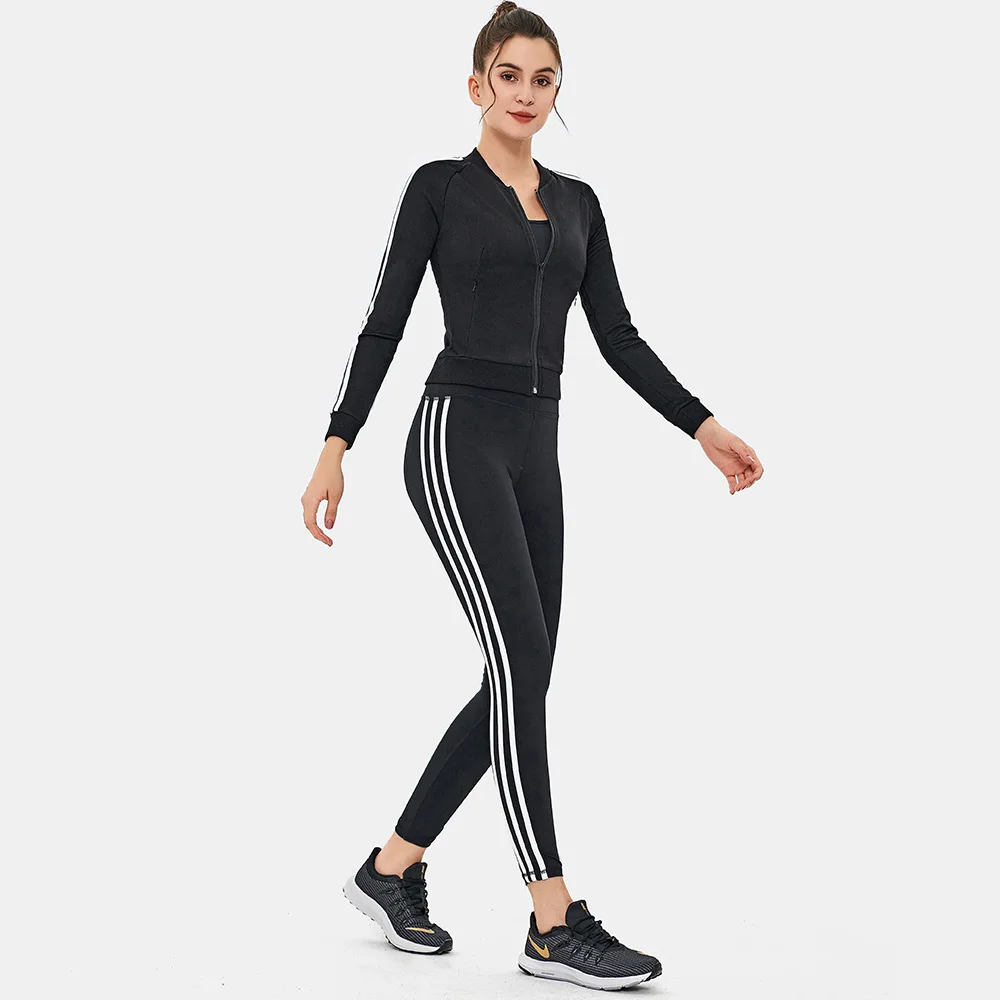 2021 New sports suit fashion striped zipper cardigan tight-fitting stretch yoga fitness black two-piece suit, Customized colors
2021 New sports suit fashion striped zipper cardigan tight-fitting stretch yoga fitness black two-piece suit, Customized colors