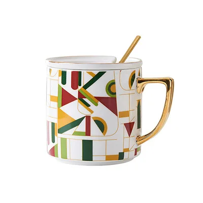 

2021 New Design Nordic Porcelain Coffee Mug Geometric Pattern Coffee Mug With Lid And Spoon, Picture