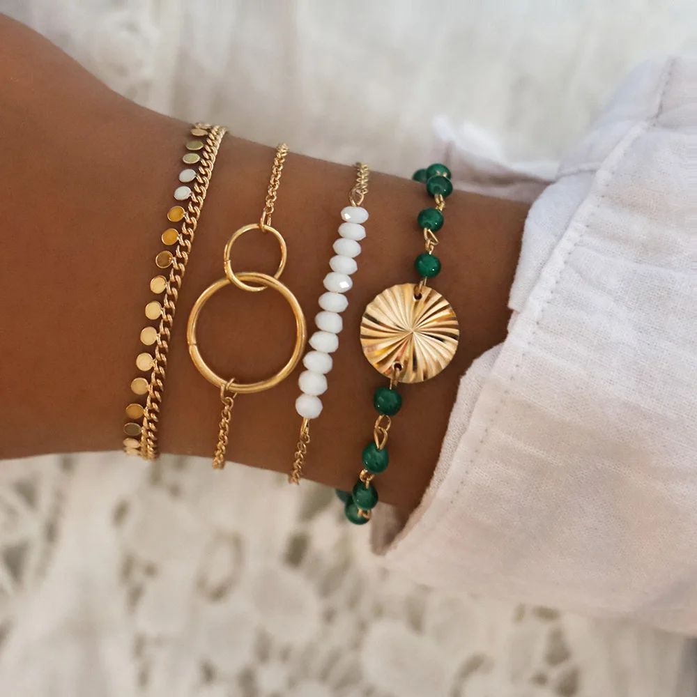 4 Pcs/set bohemian gold sequins turquoise beads thin chain link bracelet bangles set
4 Pcs/set bohemian gold sequins turquoise beads thin chain link bracelet bangles set