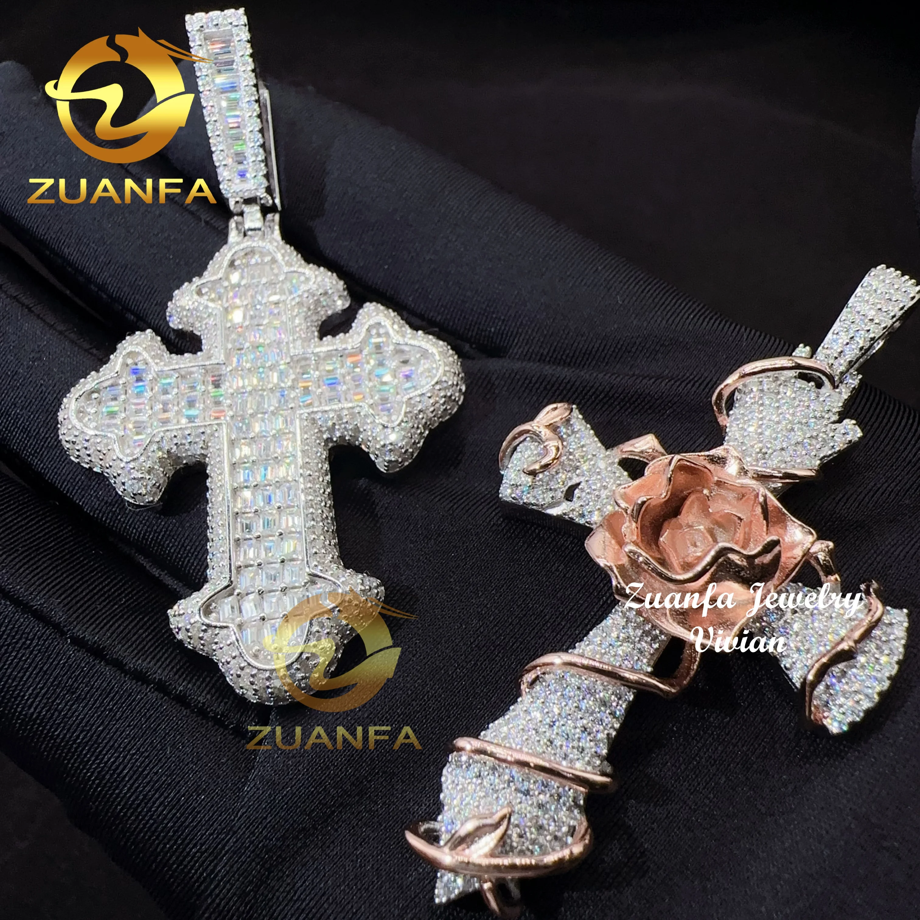 

Fine jewelry silver 925 initial necklace vvs moissanite hip hop jewelry iced out diamond custom necklace cross pendant
