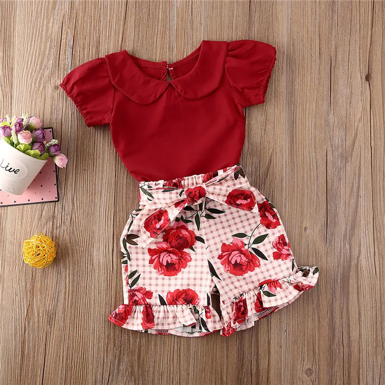 Latest design fashion kids clothes red short sleeve top + flower shorts baby girl boutique clothing
Latest design fashion kids clothes red short sleeve top + flower shorts baby girl boutique clothing