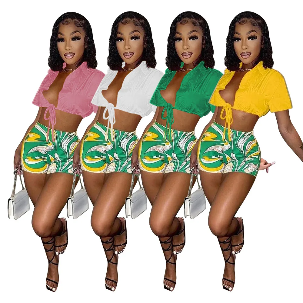 2022 Hot Style Summer Fashion Outfits Solid Color Lace Up Short Sleeve Shirt Printed Shorts Womens Two Piece Casual Sets
2022 Hot Style Summer Fashion Outfits Solid Color Lace Up Short Sleeve Shirt Printed Shorts Womens Two Piece Casual Sets