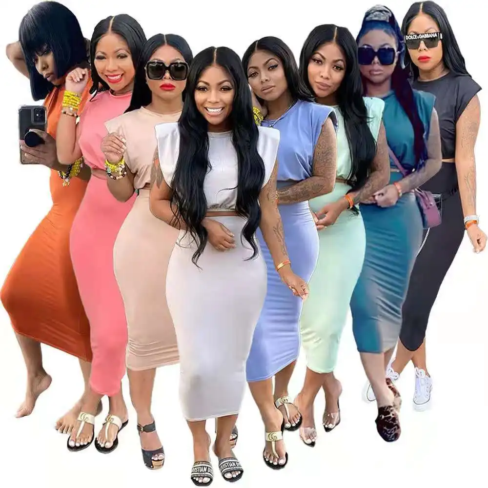 Ladies summer 2 two-piece sleeveless shoulder pad T-shirt one-step skirt all-match fashionable casual sets for women clothes, Picture
Ladies summer 2 two-piece sleeveless shoulder pad T-shirt one-step skirt all-match fashionable casual sets for women clothes, Picture