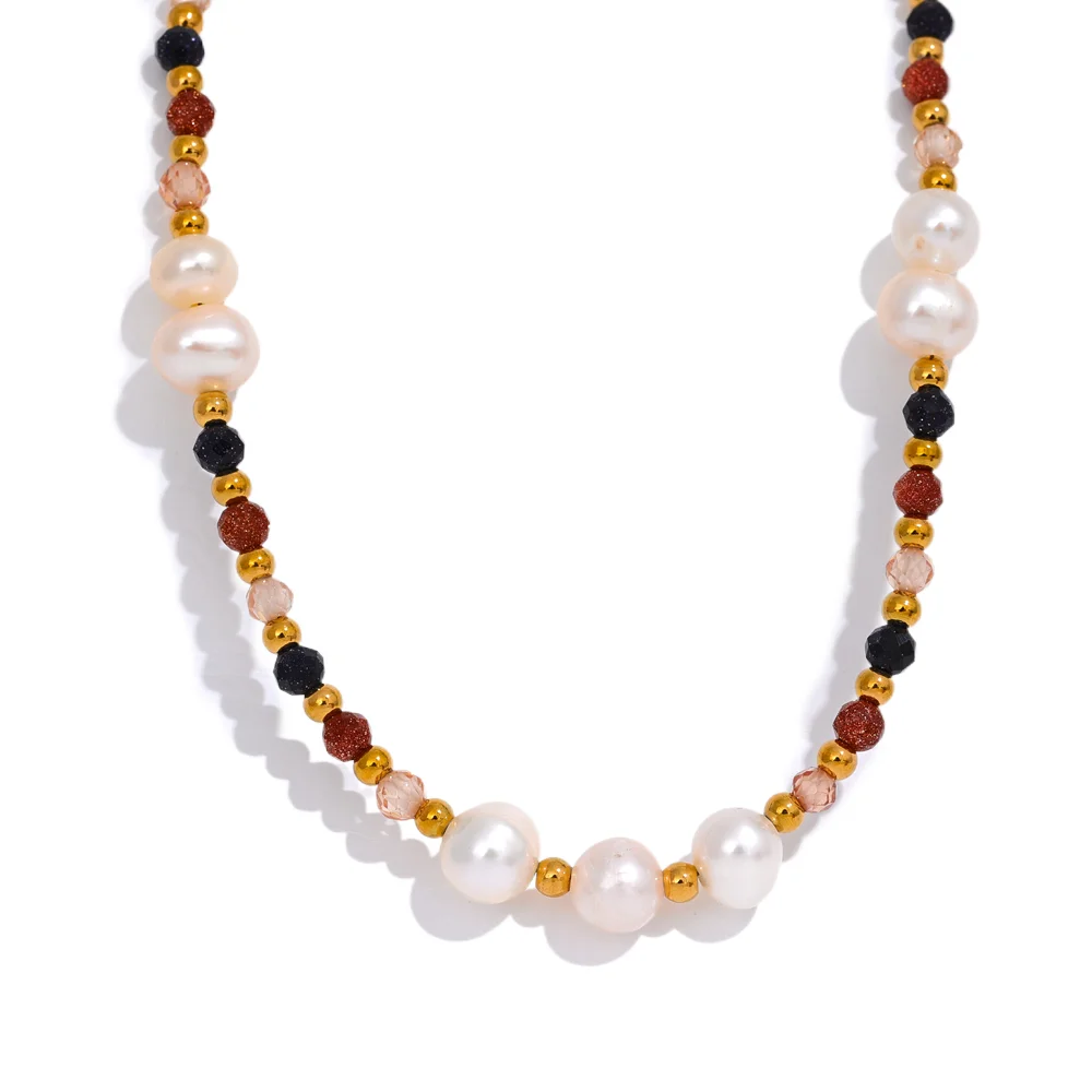 

JINYOU 2272 Fashion Natural Goldstone Freshwater Pearls Handmade Beads Chain Necklace Women Stainless Steel Luxury Jewelry Gala
