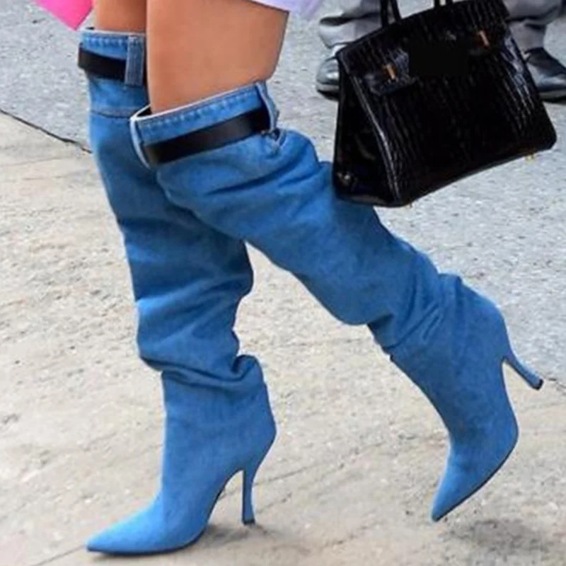 Beautiful Blue Jeans Shoes Buckle Band Pointed Toe High Heel Long Lady's Over Knee Boots Denim Upper Big Size 44
Beautiful Blue Jeans Shoes Buckle Band Pointed Toe High Heel Long Lady's Over Knee Boots Denim Upper Big Size 44