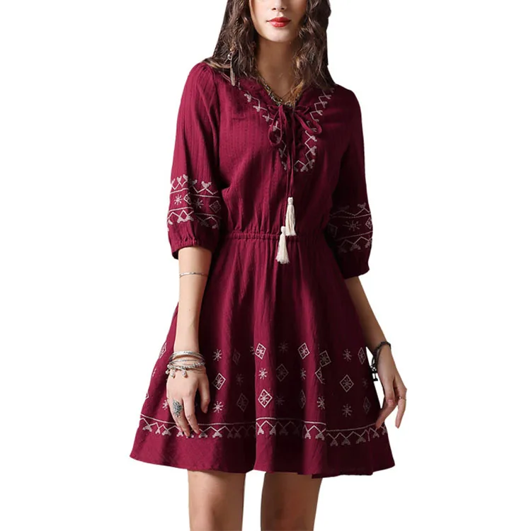 RTS 100% cotton embroidered v-neck tassel tie dress of the boho style with puff sleeves, Red
RTS 100% cotton embroidered v-neck tassel tie dress of the boho style with puff sleeves, Red