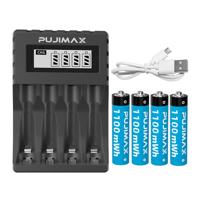 

PUJIMAX 4 PCS 1.5V AAA 1100mWh Lithium ion Batteries Universal 4 Slots Smart Battery Charger AA AAA Rechargeable Lithium Battery