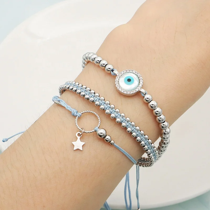 Wholesale CZ Brass Bead Woven Eyes Charm Bracelet 3 PCS Pack Adjustable Handmade Custom Women Beaded Braided Rope Bracelets Set, Multi 
Wholesale CZ Brass Bead Woven Eyes Charm Bracelet 3 PCS Pack Adjustable Handmade Custom Women Beaded Braided Rope Bracelets Set, Multi