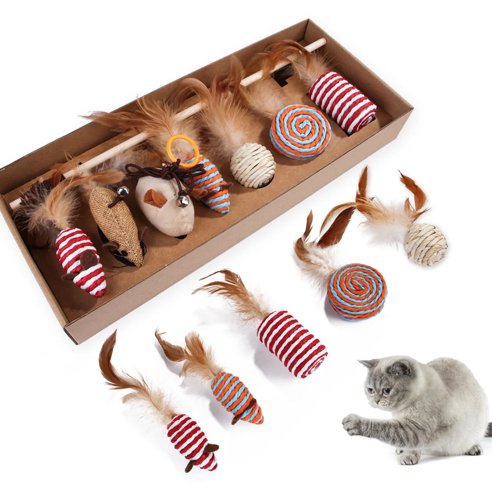 

Funny Cat Stick 7-Piece Kit Pet Cat Toy Self-Hey Kitten Toy Set Feather Bells Teething Funny Mouse Cats Interactive Play Toy