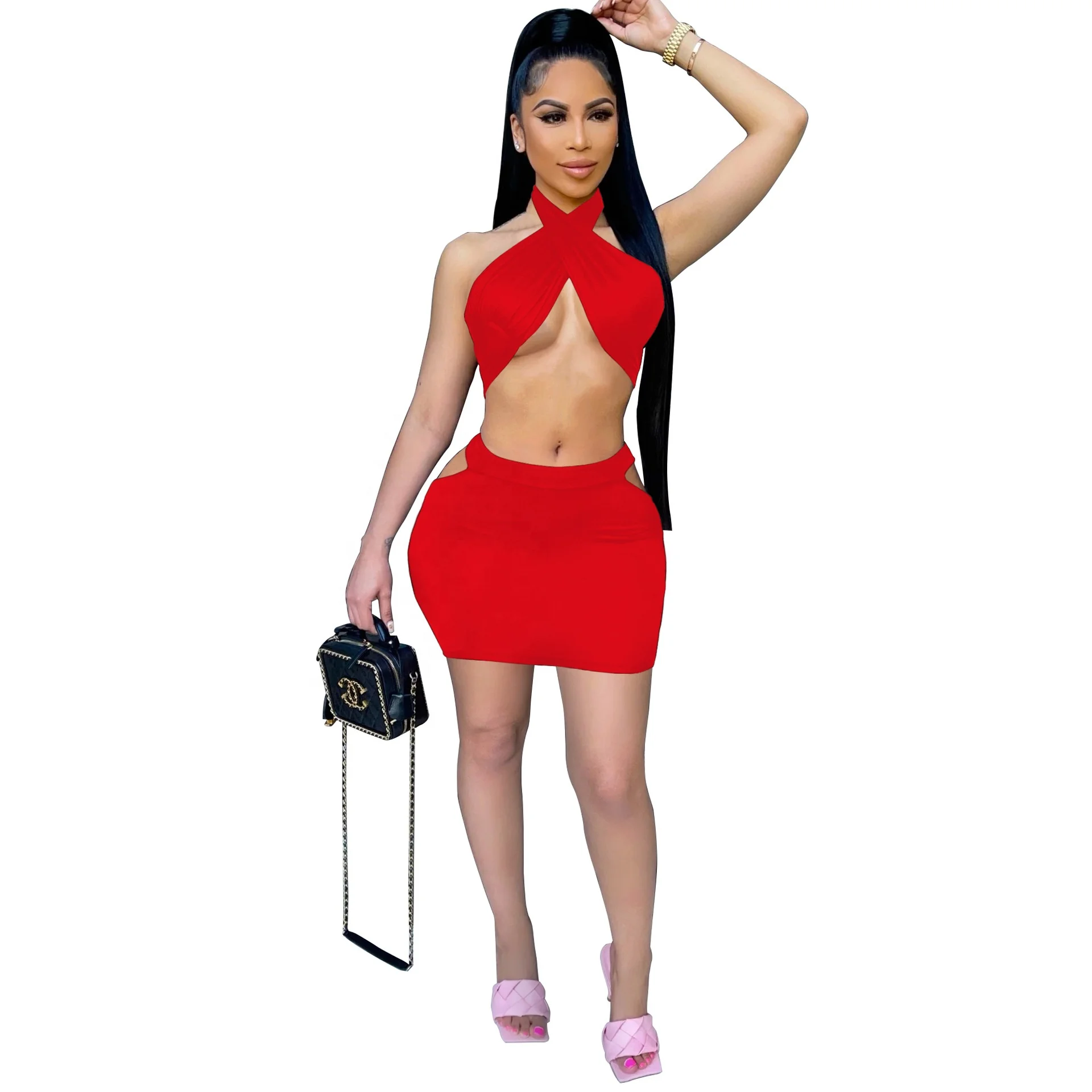 QC-G6060 Sexy hollow out halter wrap chest two piece dresses women summer bandage dress set
QC-G6060 Sexy hollow out halter wrap chest two piece dresses women summer bandage dress set