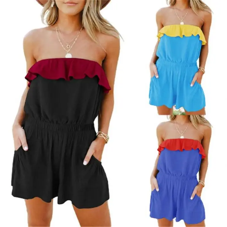 MISSMOEN Wholesale Ladies Clothing Jumpsuits Summer Strapless Contrast Color Ruffle Elestic Waist Women Short Casual Rompers
MISSMOEN Wholesale Ladies Clothing Jumpsuits Summer Strapless Contrast Color Ruffle Elestic Waist Women Short Casual Rompers