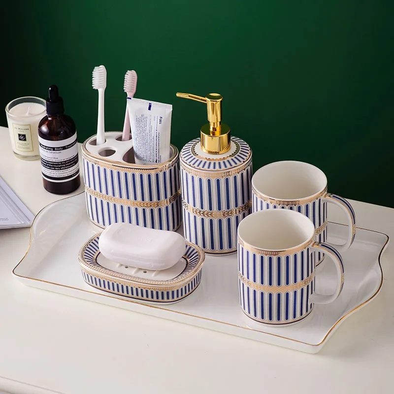 Nordic creative luxury couple wedding mouthwash cup set 5-piece ceramic bathroom set, Blue/pink
Nordic creative luxury couple wedding mouthwash cup set 5-piece ceramic bathroom set, Blue/pink