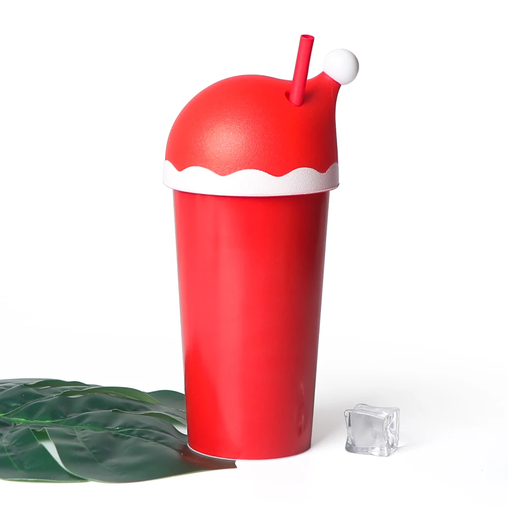 

Gift drink red tumbler cold reusable plastic Christmas santa hat cup with lid and straw