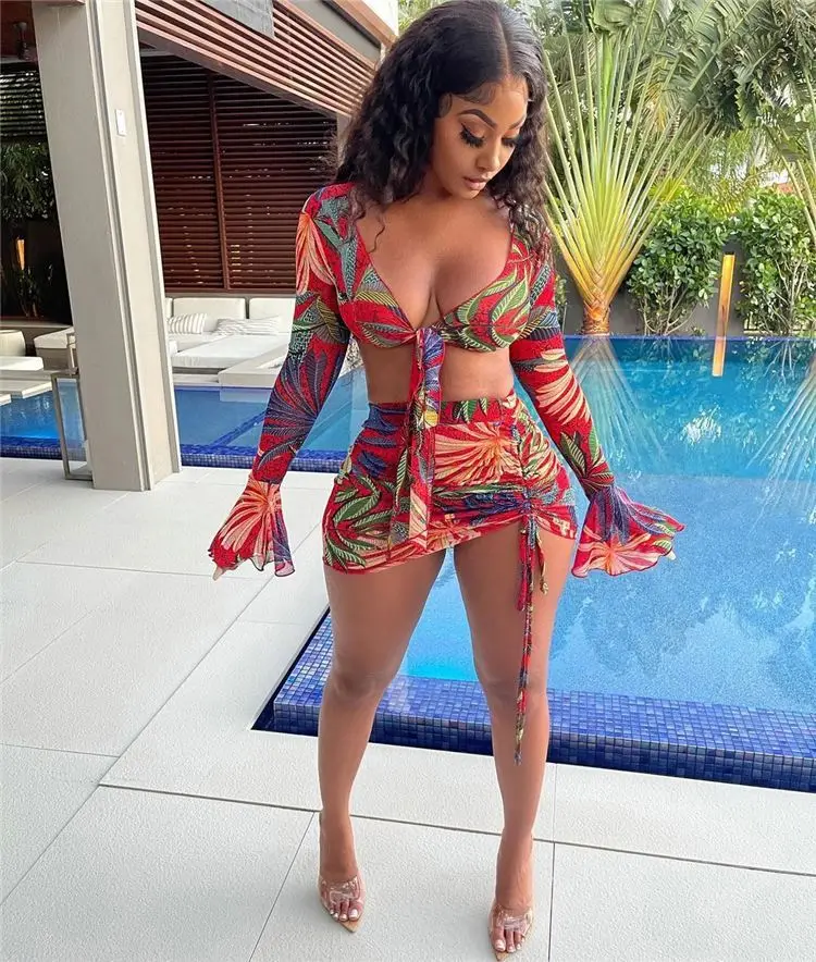 MOEN Fashion 2021 Beautiful Print Flared Sleeve Bow Crop Top Set Women Drawstring Mini Skirt Set 2021 2 Piece Short Sets
MOEN Fashion 2021 Beautiful Print Flared Sleeve Bow Crop Top Set Women Drawstring Mini Skirt Set 2021 2 Piece Short Sets