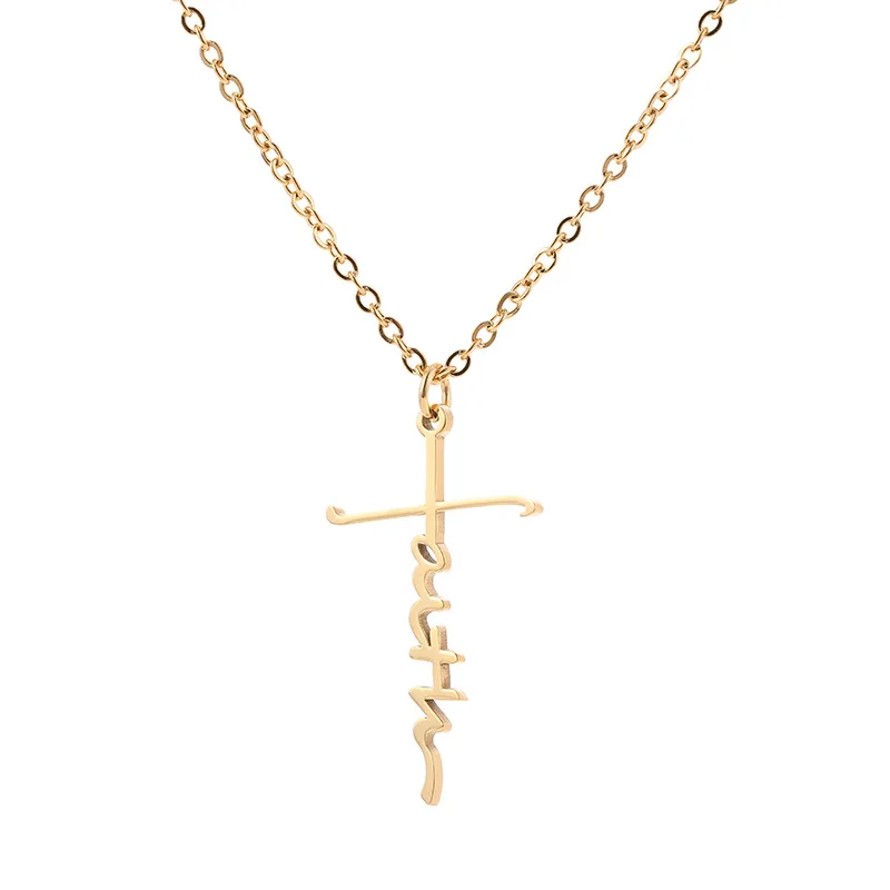 

2021 Amazon Hot Stainless Steel Faith Alphabet Letter Chain Necklace Slogan Christian Cross Necklace