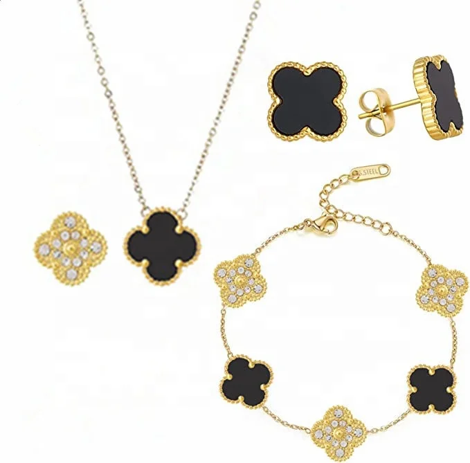 

3 PCS/Set 18K Gold Plated Stainless Steel Lucky Diamond Double Sided Stainless Steel Four Leaf Clover Jewelry Set