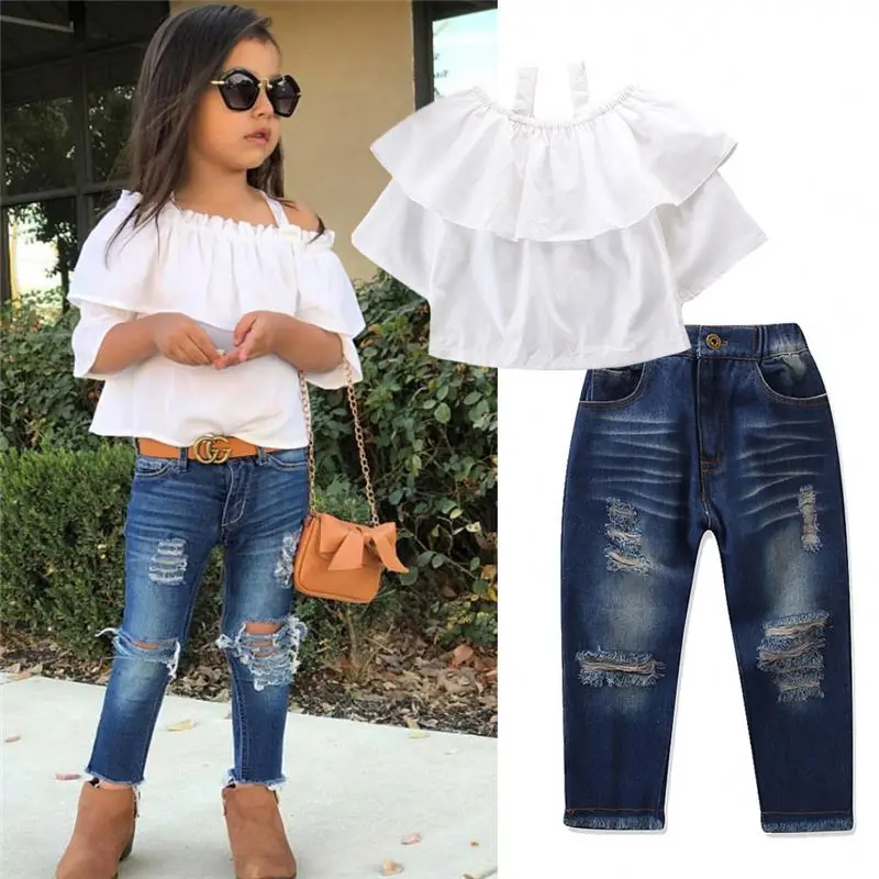 Summer suit 2pcs white top + jeans fashion children outfits baby girls' clothes sets girls' clothing sets, As picture show
Summer suit 2pcs white top + jeans fashion children outfits baby girls' clothes sets girls' clothing sets, As picture show