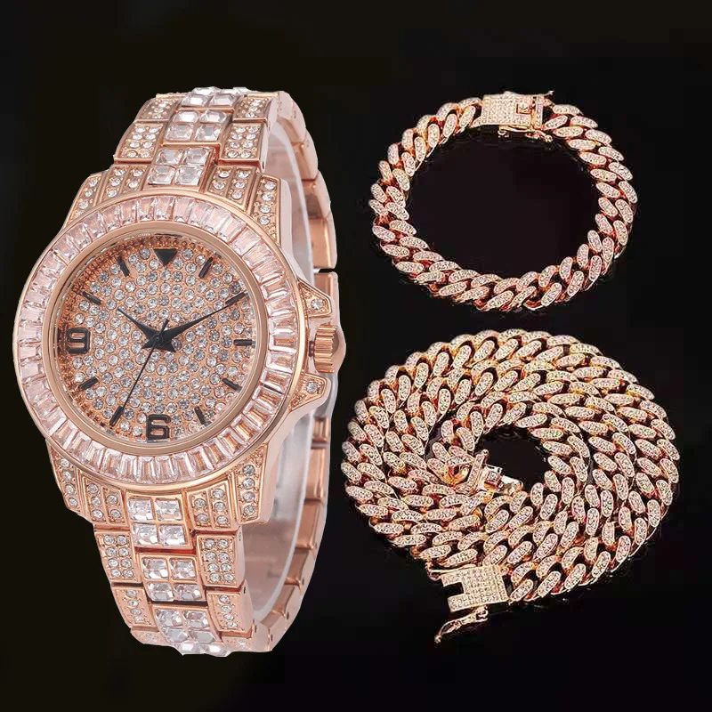 Wholesale Luxury Hip Hop Necklace Set Fashion Steel Band Watch Bracelet Necklace Rhinestone Fashion Full Rhinestone jewelry Set, 3 colors
Wholesale Luxury Hip Hop Necklace Set Fashion Steel Band Watch Bracelet Necklace Rhinestone Fashion Full Rhinestone jewelry Set, 3 colors