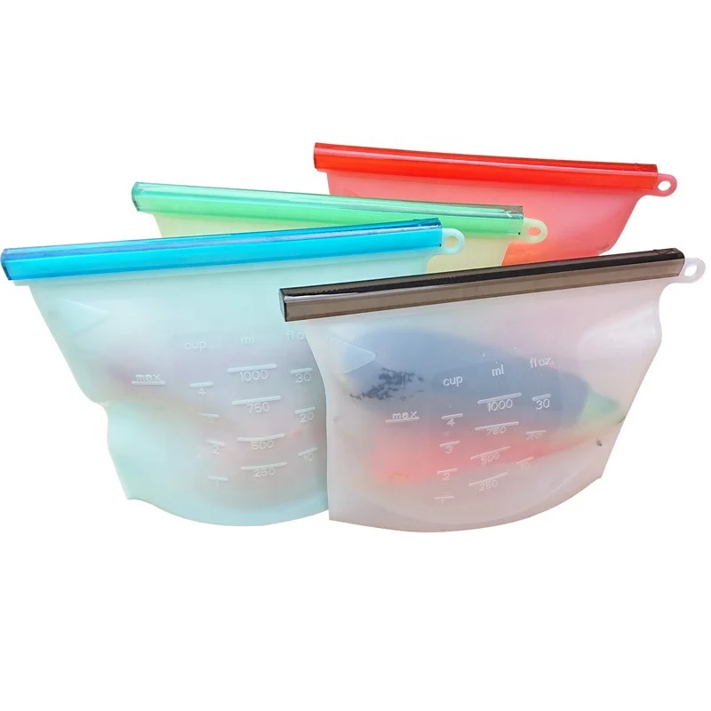 

BPA free Food Fresh Ziplock Design Leak-proof Seal Reusable Silicone Food Storage Bags, Clear,blue,red,green