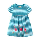 High quality kids clothes wear baby cute girl dress cotton animal applique blue stripes